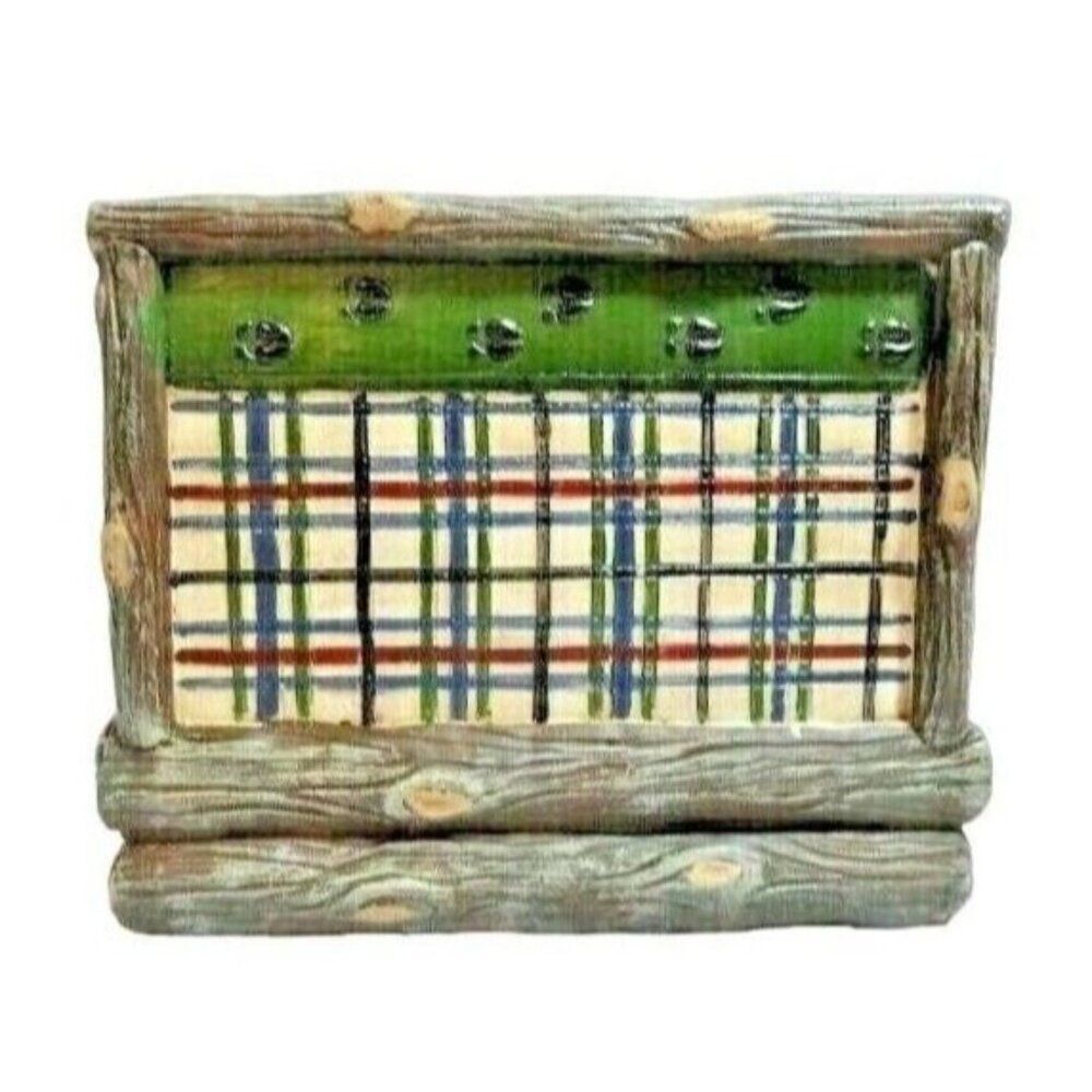 Moose Tracks Napkin Holder Plaid and Logs Design Tan Brown Green Stoneware Gift